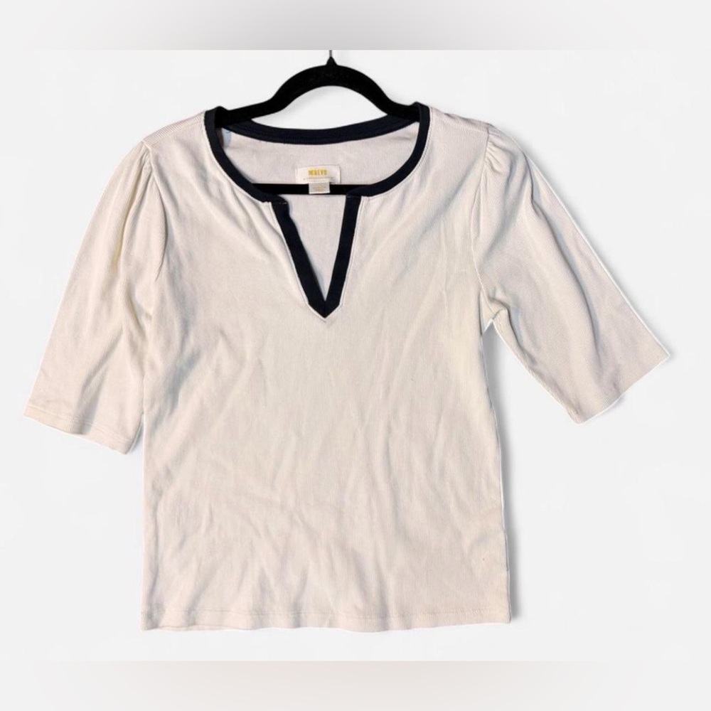 Maeve by Anthropologie Ivory Ribbed V-Neck Notch Tee – Medium
